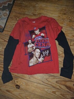 WWE John Cena Red Layered-Look Long Sleeve Tee with Black Sleeves
